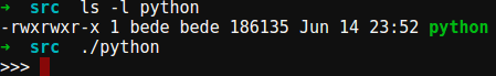 "ls -l python" - output is "-rwxrwxr-x 1 bede bede 186135 Jun 14 23:52 python"; "./python" - output is three greater-than signs in a row, and a blinking cursor prompt