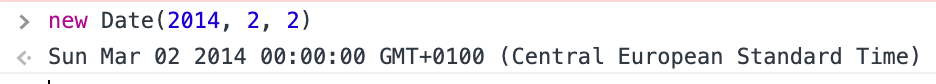 First line, a JS prompt: new Date(2014, 2, 2). Second line, the result: Sun Mar 02 2014 00:00:00 GMT+0100 (Central European Standard Time).