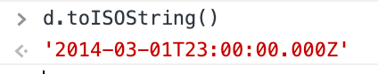 First line, a JavaScript prompt: d.toISOString(). Second line, the evaluated expression: '2014-03-01T23:00:00.000Z'.